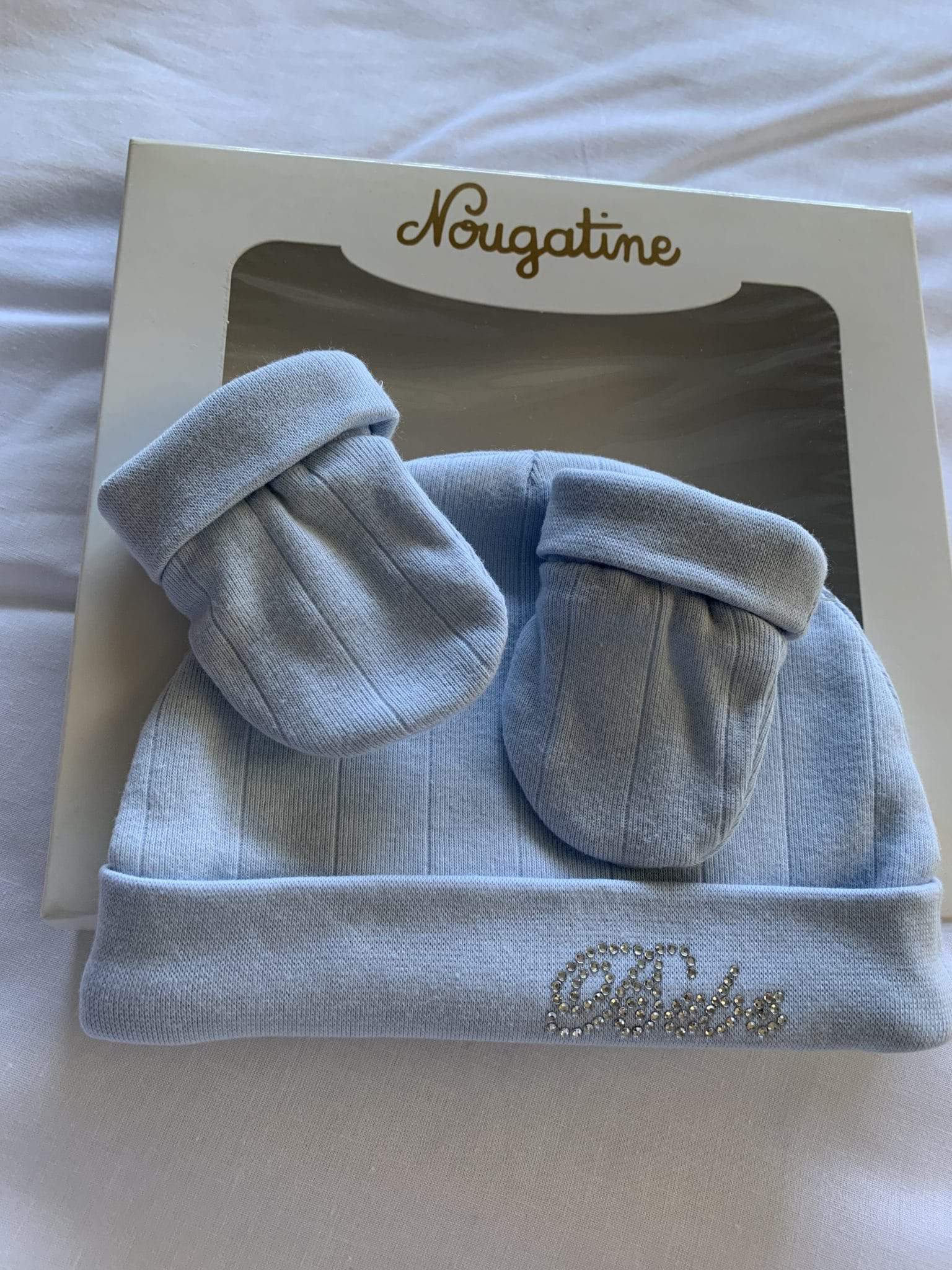 Bonnet Moufles Bebe Bleu Strass Maison Nougatine